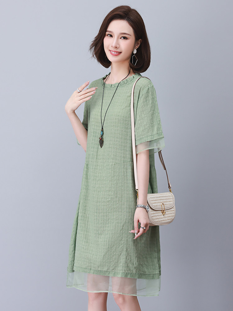 奥特莱斯美国日本出口胖MM妈妈夏装棉麻连衣裙女宽松显瘦大码女装，女装连衣裙，悦见她