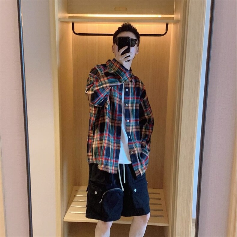 拼色格子长袖衬衫青少年男士衬衣春秋潮流宽松休闲外套LS261P34,男装衬衫,星座1013-5