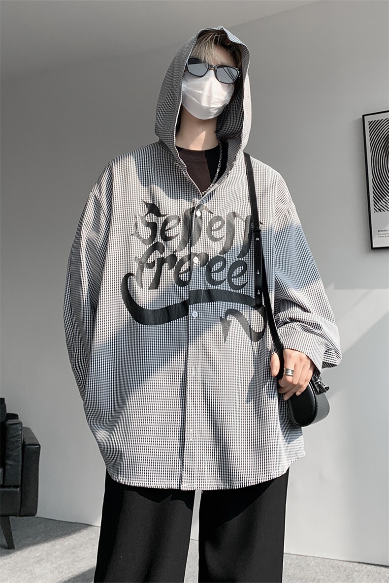 春夏新款连帽字母衬衫美式外套夏季薄款连帽衬衫外套美式打底P48,男装衬衫,电商B319