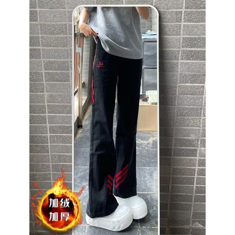 斜杠三条纹红黑撞色拼接休闲长裤加绒加厚直筒牛仔裤K8003P48网图,男装牛仔裤,电商B245