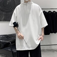 LD54099-P45连帽短袖t恤男大码胖子带帽五分袖中袖大皂风，男装T恤，电商A040