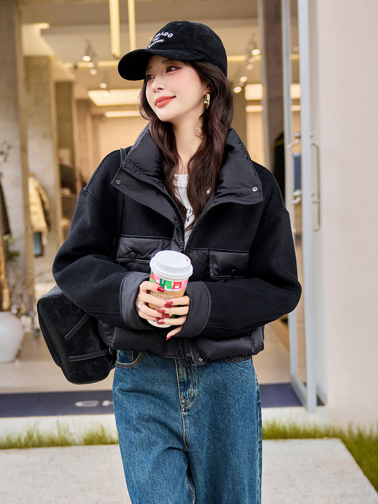 立领毛呢拼接白鸭绒羽绒服女2025冬季时尚短外套大翻领,女装羽绒服,梦懿尔