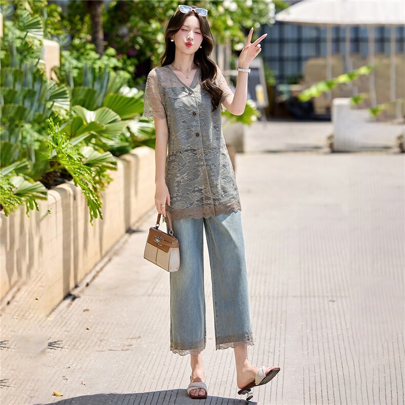 衫蕾丝拼接牛仔2件套女2026夏新显瘦蕾丝牛仔衬衫阔腿裤时尚套装,女装套装/套裙,意芙
