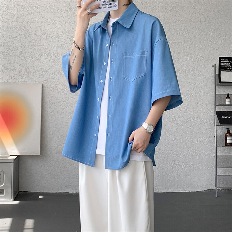 8XL-M 冰丝牛仔短袖衬衫男款夏季薄款宽松慵懒衬衣外套DC28006P60图片