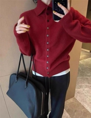 春季新款女士舒适高级感经典纯色翻领打底针织衫，女装针织衫/毛衣，艾驰羊绒