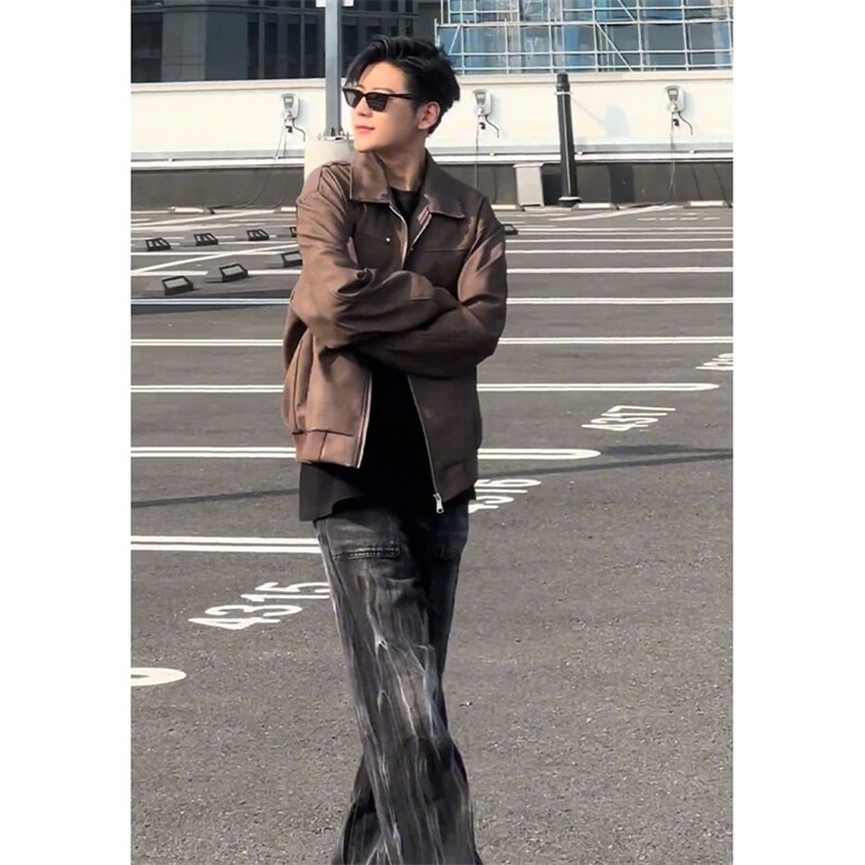 棕咖色麂皮外套男潮高级感痞帅cleanfit棒球服美式复古飞行员夹克,男装夹克,电商D256-2(原A064-2)