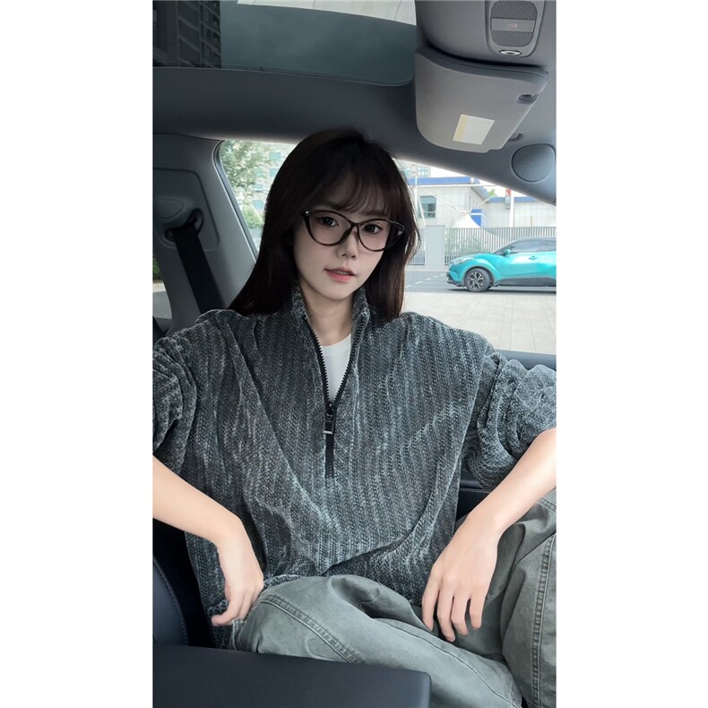 美式复古半拉链卫衣大码解构设计套头衫重磅立领外套LW603/特P45,女装短外套,电商B215