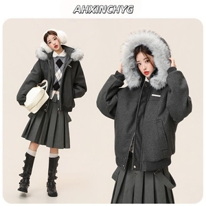 【座山雕毛领连帽】毛呢拼接秋冬棉服保暖外套男女G1168 特P118图片