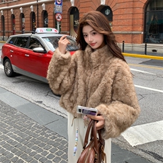 卡其色秋冬皮毛一体外套女仿水貂绒休闲上衣2C353--713#P180K268，女装短外套，2C353
