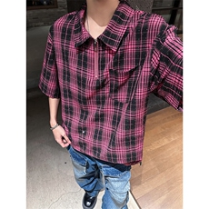 405A美式高阶烫钻格子半拉链设计衬衫短袖T恤T2513-P55控78，男装T恤，星座405A