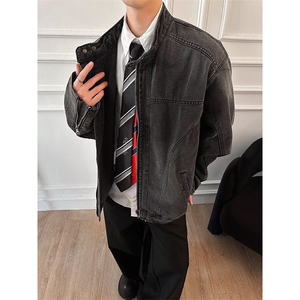 美式复古拼接牛仔外套潮牌街头夹克机能机车服 3576图片