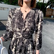 秋季新款时尚韩版修身淑女气质高雅印花连衣裙，女装连衣裙，荷塘月色