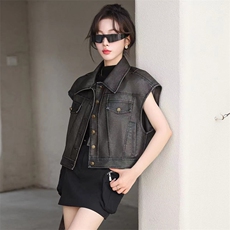 现货短款皮马甲女无袖上衣早秋2024新款韩版显瘦机车夹克马夹坎肩，女装马甲，江南女神