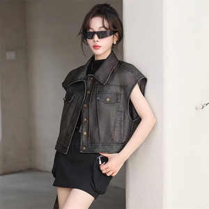 现货短款皮马甲女无袖上衣早秋2024新款韩版显瘦机车夹克马夹坎肩图片