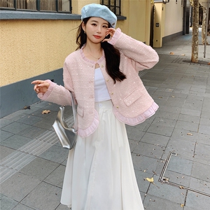 独特精致粉色短款小香风外套女春秋超火好看漂亮高级千金夹克上衣图片