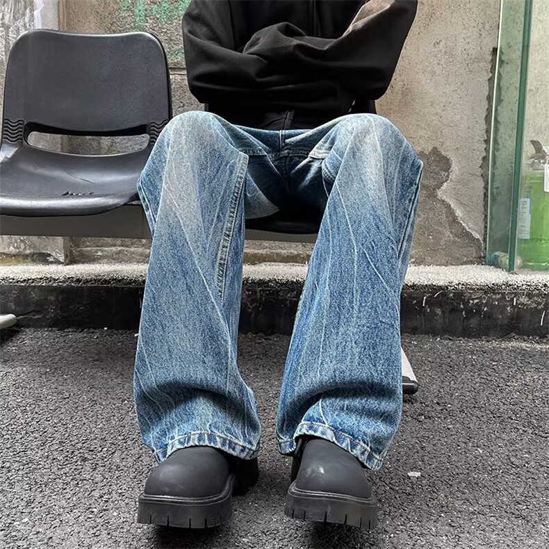 美式闪电裂纹牛仔裤水洗做旧高街潮阔腿直筒裤高街时尚AM800P44,男装牛仔裤,星座1013-5