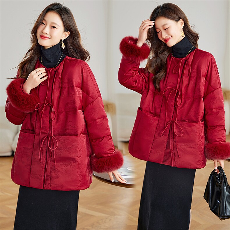 狐狸毛复古风提花羽绒服女2024新款冬季白鸭绒高级感新中式外套，女装羽绒服，浙宝281