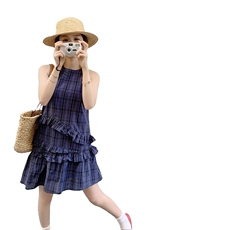 独特绝美木耳边减龄气质背心裙2025夏季新款蓝格纹小香风连衣裙女，女装连衣裙，2C217