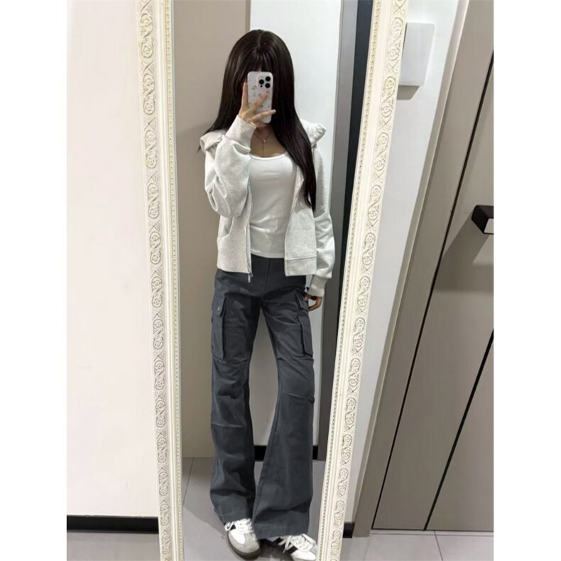 灰色修身卫衣外套女款开春穿搭正肩收腰连帽上衣显瘦紧身收腰图片