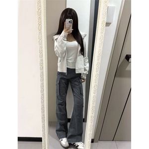 灰色修身卫衣外套女款开春穿搭正肩收腰连帽上衣显瘦紧身收腰图片