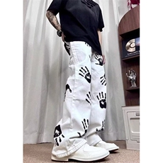 高街潮牌痞帅手掌印花夏季牛仔裤男女hiphop炸街微喇长裤K3310，男装牛仔裤，星座1116A（原606A-3）