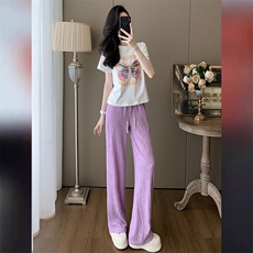 时尚休闲运动套装女夏新款宽松显瘦印花短袖紫色直筒阔腿裤两件套，女装套装/套裙，江南