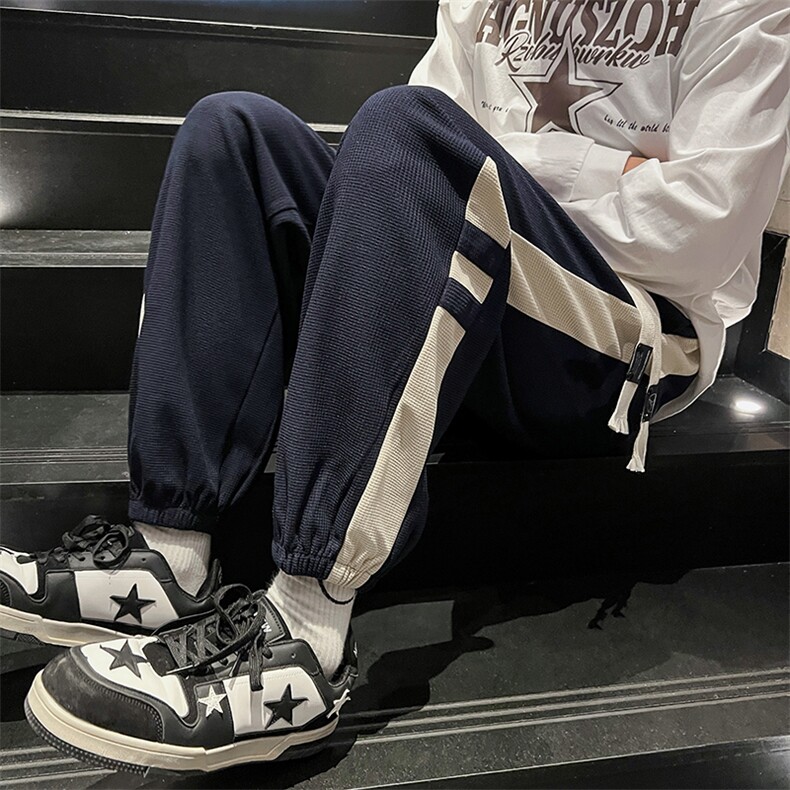 K011P45内景楼梯2024秋季新款华夫格男裤撞色宽松大码休闲裤,男装休闲裤,电商A026-1