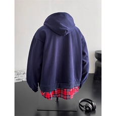 两件格子拼接连帽卫衣男女春秋季潮牌百搭情侣款开衫外套WY748，女装短外套，星座208-5