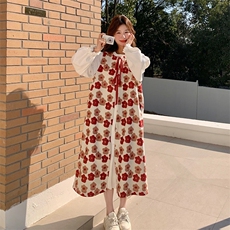 法式甜美碎花罩衫连衣裙套装女春秋2025新款多巴胺流行爆款长裙子，女装连衣裙，2D080