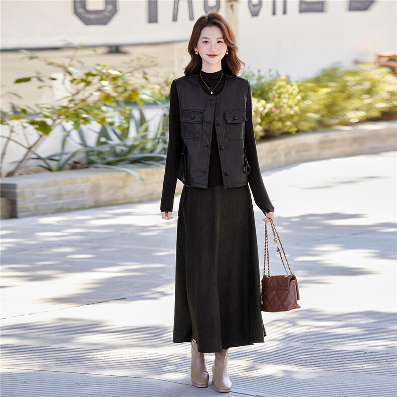 2026年春季女时尚气质优雅时髦皮马甲针织打底衫简约半身裙三件套,女装套装/套裙,艾贝斯