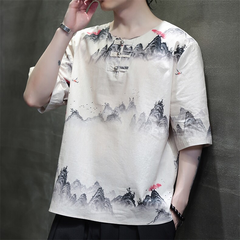 2025夏季新款男装禅服风冰丝印花盘扣唐装短袖T恤C117-P50,男装T恤,电商B277(原6028)