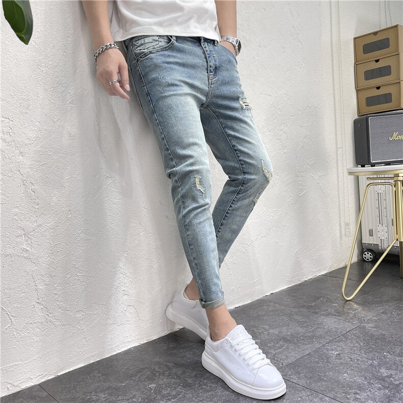 2024年秋季蓝色潮流破洞男士小脚裤九分牛仔裤男D311G2315P88，男装牛仔裤，电商D311