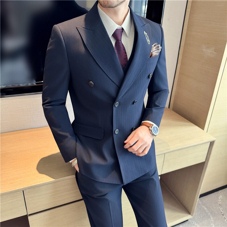 2025主推~色织暗条纹戗驳领双排扣西服三件套藏青色SJT8063-P295,男装西服,电商A213