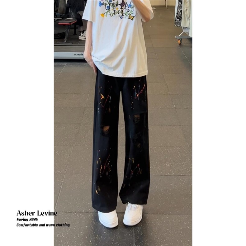 K16018-p38网络图）微喇现货牛仔裤拼接无弹阔腿裤老爹裤长裤,男装牛仔裤,星座103A-1