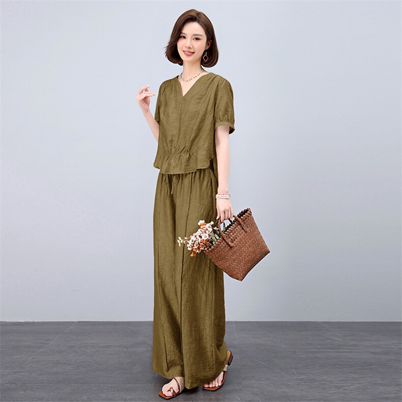 天丝亚麻套装女夏季薄款2026新款妈妈阔腿长裤气质休闲时尚两件套,女装套装/套裙,曼沙奕珂