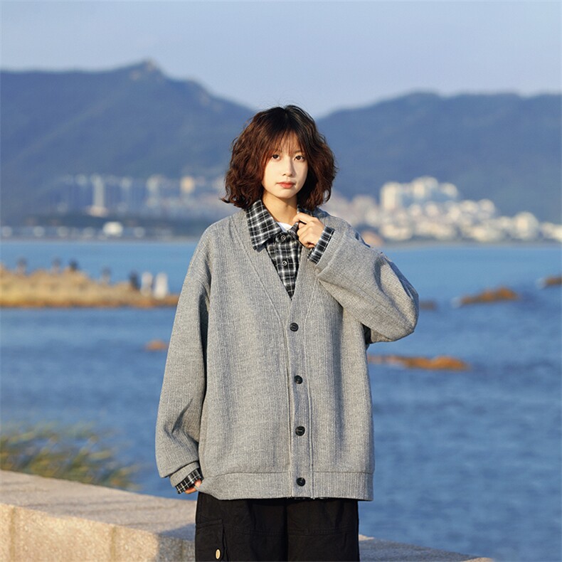 日系假两件重磅格子针织开衫男秋季宽松叠穿休闲外套女ZA266P71,女装短外套,星座1112-1