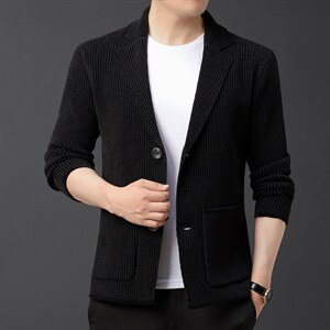 2023春秋季新款男士商务休闲开衫翻领扣子针织衫外套中年男装上衣图片