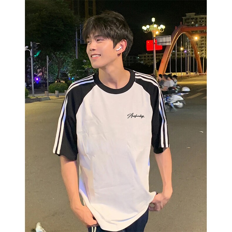 抖音得物品质二开240克宽松纯棉美式潮牌插肩三杠织带短袖T恤，男装T恤，电商A486