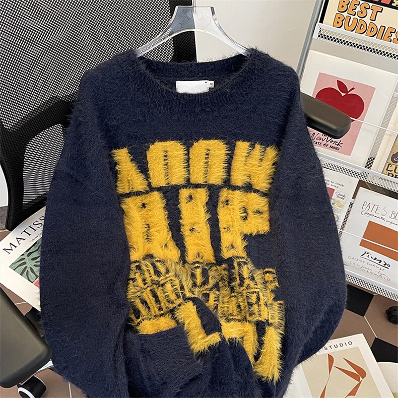 美式复古慵懒风水貂毛字母毛衣针织衫外套男女宽松上衣MY0629-P62图片