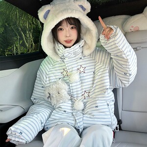 可爱条纹毛领连帽棉服外套女2025冬季新款保暖棉衣棉袄MF387-P102图片