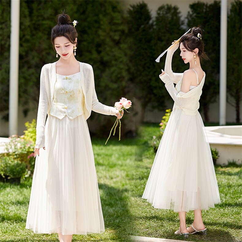 《48H发》优雅气质小香风针织吊带两件套连衣裙，女装套装/套裙，曼琳思菲