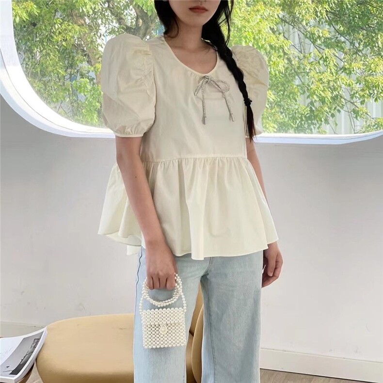 泡泡袖小裙摆水钻蝴蝶结胸针精致纯棉上衣小衫,女装,欧尼蒂