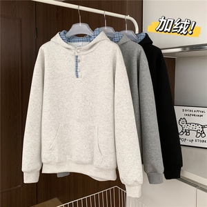 D309B-CC31-P55 加绒加厚内里格子纽扣连帽卫衣 常规P55 加绒60图片