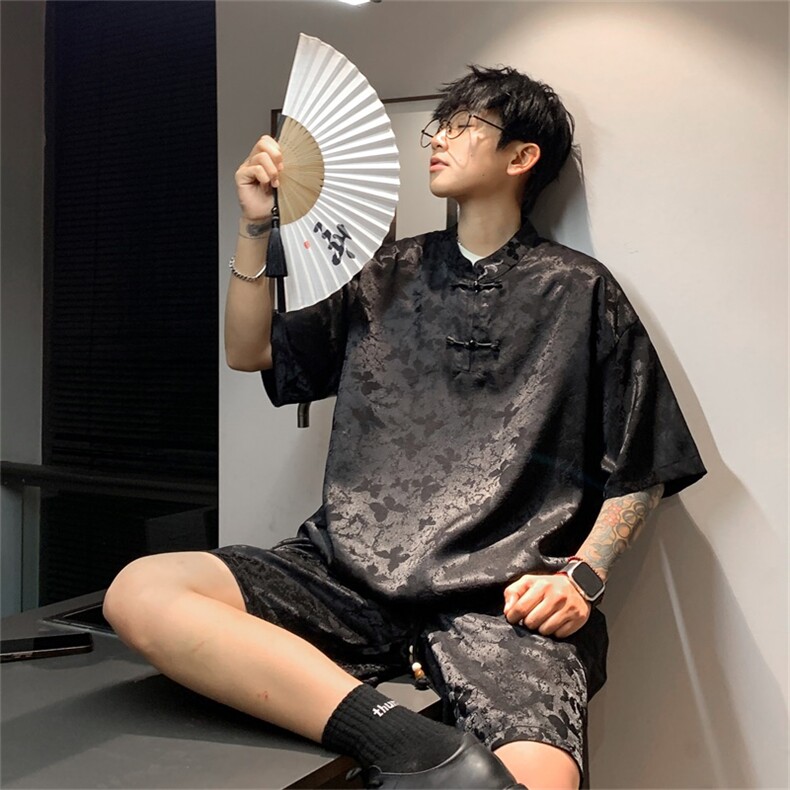 量大优供视频新风蝴蝶提花冰丝短袖短裤套装男TZ2405-特P60,男装休闲套装,电商A028