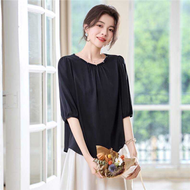 2025夏季新款重磅真丝衬衫女时尚气质圆领套头中袖纯色桑蚕丝上衣,女装衬衫,阿舍尔精品