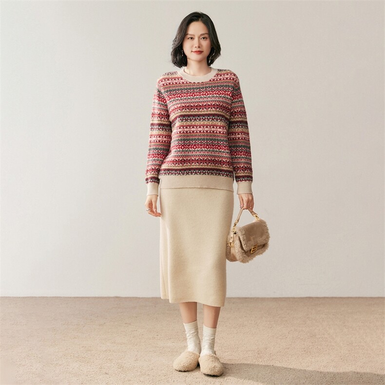 2025年秋季条纹长袖针织衫时尚百搭有气质，女装针织衫/毛衣，鸥蕊娅羊绒