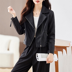 2023年春秋新款外套机车小皮衣女外套时尚收腰短款拉链pu皮夹克，女装皮衣，江南女神