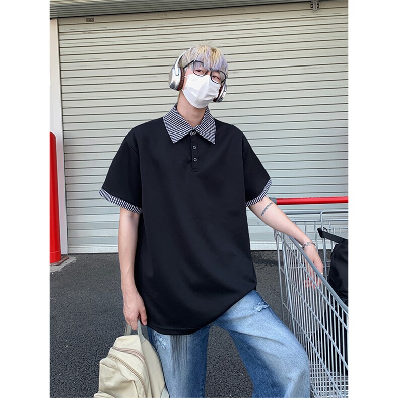 假两件格子拼接短袖T恤男夏季潮牌polo衫美式衬衫领T3652特价P30,男装T恤,电商A007