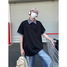 假两件格子拼接短袖T恤男夏季潮牌polo衫美式衬衫领T3652特价P30，男装T恤，电商A007