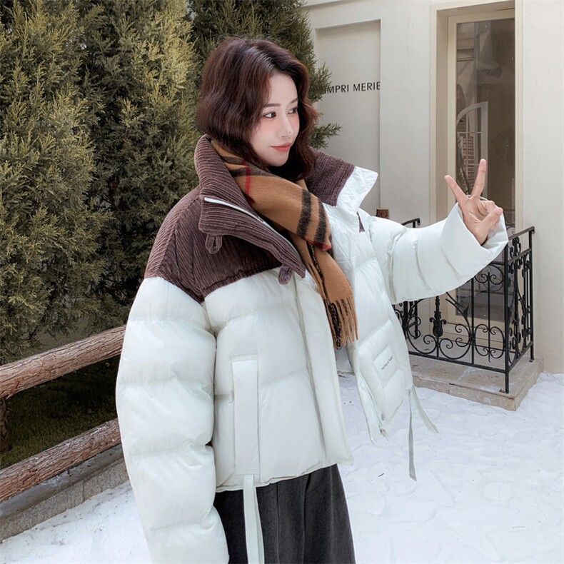 灯芯绒撞色拼接羽绒服女2025年冬季新款小个子保暖厚实白鸭绒外套,女装羽绒服,2C151